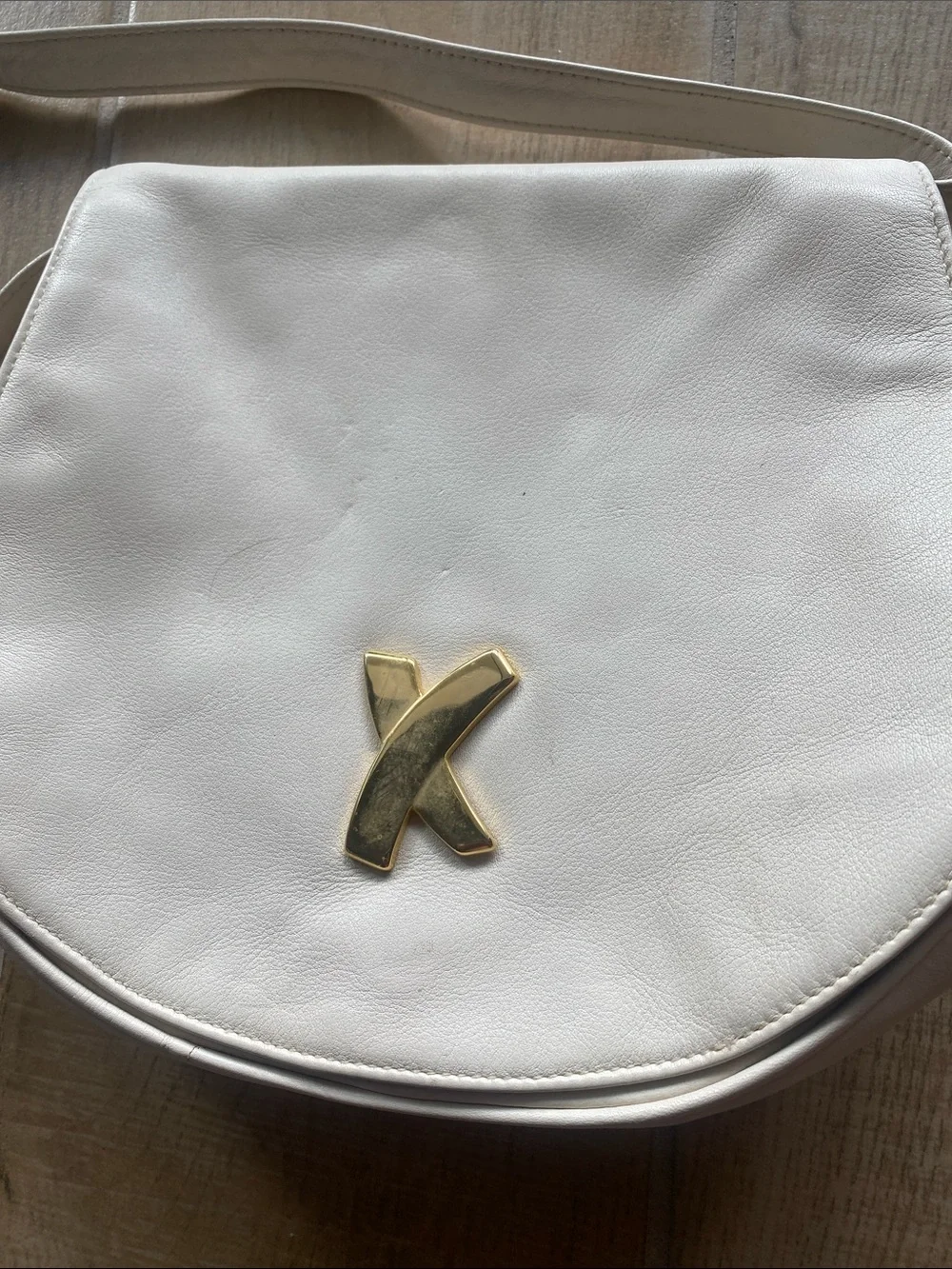 Paloma Picasso Vintage Cream Crossbody Shoulder Bag with Gold X Logo